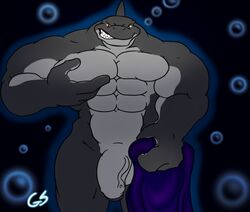 1boy 2010 amber_eyes anthro big_penis countershading flaccid gs looking_at_viewer male male_only marine muscles muscular muscular_male penis shark solo towel uncut veins