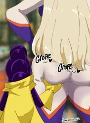 ass ass_focus ass_grab back back_view blonde_female blonde_hair bodysuit boku_no_hero_academia booty booty_focus breasts butt butt_focus cape ghostnerdy gloves hand_on_ass hand_on_butt hands_on_hips mineta_minoru minoru_mineta mount_lady my_hero_academia purple_hair short_male takeyama_yuu text watermark yu_takeyama yuu_takeyama