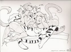 anthro balls bed darke_katt feline female fur furry gnaw licking line_art male nude oral penis rush spread_legs spreading straight threesome tiger tongue vera_noyce