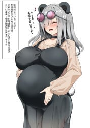 1girls animal_ears arknights bear_ears big_breasts black_dress blush bushy_eyebrows choker closed_eyes collar collarbone cute dress fangs feater_(arknights) female female_only grey_hair hair_over_one_eye hand_on_pregnant_belly happy highres japanese_text kemonomimi kokihanada large_breasts light-skinned_female light_skin long_sleeves married_female medium_hair nipple_bulge open_mouth open_smile panda_ears pregnancy pregnant pregnant_belly pregnant_female sheer_dress smile solo standing sunglasses_on_head tail text thick_eyebrows translated wedding_ring what_if