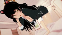 1girls black_hair black_hair_female blake_belladonna cat_ears cleavage half-dressed half_naked half_naked_female logang45 long_hair long_hair_female pajamas rwby solo_female yellow_eyes
