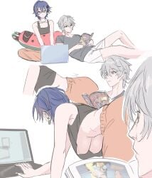 1boy 1boy1girl 1girls bangboo_(zenless_zone_zero) belle_(zenless_zone_zero) blue_hair breasts breasts_hang breasts_hanging breasts_visible brother brother_(lore) brother_and_sister brother_and_sister_(lore) comic_book computer earrings gnarlypzofbread gray_hair green_eyes hanging_breasts highres hoyoverse invincible_(comics) mihoyo no_bra no_bra_under_clothes orange_pants pillow siblings simple_background sister sisters_(lore) white_background wise_(zenless_zone_zero) zenless_zone_zero