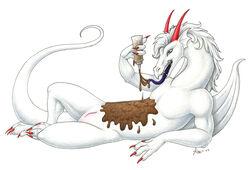 chocolate dragon dreamous erection food genital_slit green_eyes horns looking_at_viewer male male_only messy penis sheath solo taen tongue