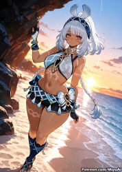 1girl ai_assisted ai_generated bangs bare_shoulders beach black_gloves braid breasts closed_mouth curvaceous curvy curvy_female curvy_figure dark_skin eyebrows_visible_through_hair female fingerless_gloves genshin_impact gloves hairband long_hair looking_at_viewer midriff miyuai mualani_(genshin_impact) nail_polish navel ocean outdoors red_eyes silver_hair smile solo standing sunset tattoo thick thick_ass thick_butt thick_hips thick_legs thick_thighs thighs twin_braids voluptuous voluptuous_female water watermark white_hair wide_hips wide_thighs