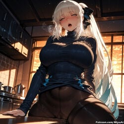 1girl ai_assisted ai_generated bangs black_legwear blush bow breasts curvaceous curvy curvy_female curvy_figure eyebrows_visible_through_hair fate/grand_order fate_(series) female hair_between_eyes hair_bow half-closed_eyes half_updo indoors large_breasts light_particles long_hair long_sleeves looking_at_viewer miyuai morgan_le_fay_(fate) okita_souji_(fate)_(all) open_mouth pantyhose pussy_juice ribbed_sweater sidelocks silver_hair solo sweater thick thick_ass thick_butt thick_hips thick_legs thick_thighs thighband_pantyhose turtleneck voluptuous voluptuous_female wide_hips wide_thighs