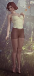 1girls 3d black_nails breasts cd_projekt_red clothing female freckles light-skinned_female light_skin looking_at_viewer mascara no_panties outdoors pantyhose pussy red_hair solo solo_female stevencarson the_witcher_(series) the_witcher_3:_wild_hunt triss_merigold