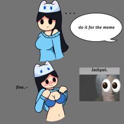 1girl black_hair blue_sweater blushed_face bra cat_beanie roblox roblox_avatar