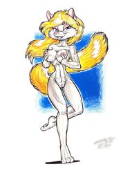 1990s 1999 20th_century 3_toes animaniacs anthro barefoot blonde_hair blue_eyes breasts brian_o'connell color female female_only front_view fur furry grope innie_pussy minerva_mink mink nude pussy rubbing signature solo white_fur year