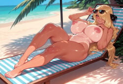 1girl 1girls adjusting_eyewear ai_generated alternate_breast_size areolae balecxi barefoot beach beach_chair beach_towel bikini_tan blonde_hair blush breasts chair completely_nude curvaceous curvaceous_female curvaceous_figure curvy curvy_figure cynthia_(pokemon) dappled_sunlight day eyewear eyewear_on_head feet female female_focus female_only full_body game_freak grey_eyes grin hair_ornament hair_over_one_eye hand_on_eyewear huge_breasts inviting inviting_to_sex large_areolae large_breasts legs lips long_hair looking_at_viewer lounge_chair lying navel nintendo nipples nude ocean on_back one-piece_tan outdoors palm_tree parted_lips pokemon pokemon_dppt presenting presenting_ass presenting_breasts presenting_hindquarters presenting_pussy presenting_self puffy_nipples sand seductive seductive_look seductive_smile shiny_skin sitting smile solo stomach sunglasses sweat swimsuit tan tanlines thick_thighs thighs toenails toes tree uncensored very_long_hair voluptuous voluptuous_female water
