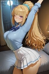 1girl ai_generated arms_up bangs blonde_hair blue_bow blue_scrunchie blue_shirt blush breasts classroom_of_the_elite eyebrows_visible_through_hair full_moon hair_scrunchie hi_res high_ponytail high_quality high_resolution indoors karuizawa_kei large_breasts long_hair looking_at_viewer moon night one_eye_closed patreon pleated_skirt ponytail purple_eyes savvyraexo school_uniform scrunchie seductive sexy shirt sidelocks skirt solo uncensored watermark window