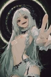1girl 1girls ai_generated black_eyes bow braid fate/grand_order fate_(series) francesca_prelati_(fate) insane long_hair looking_at_viewer nipples panties side_braid small_breasts thighhighs white_hair white_panties