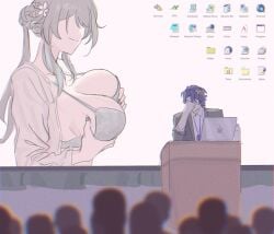 2d 2d_(artwork) audience bra computer desktop_wallpaper dr._ratio_(honkai:_star_rail) facepalm gnarlypzofbread holding_breast honkai:_star_rail honkai_(series) hoyoverse meme meme_reference mihoyo partially_clothed presentation ruan_mei_(honkai:_star_rail)