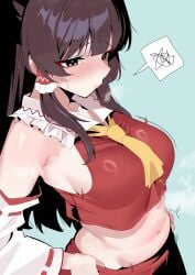 1girls ai_generated armpits ascot bangs bare_shoulders black_hair blush bow breasts brown_eyes brown_hair detached_sleeves eyebrows_visible_through_hair hair_bow hair_tubes hakurei_reimu hand_on_hip hands_on_hips large_breasts long_hair midriff navel red_bow red_skirt sidelocks skirt solo spoken_squiggle squiggle sweat touhou yellow_neckwear