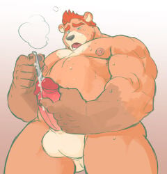 balls bara bear cum derek_honnington_(saltypoundcake) furry gay gradient_background humanoid_penis object_in_urethra open_mouth solo spookeedoo tan_body