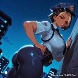 1girl 2026 ai_generated anime ass black_hair blizzard_entertainment blonde_hair blue_pants boobs breasts brown_eyes brown_hair buttocks cleavage crossover dark-skinned_female dark_skin domina domina_(overwatch) eye_contact female female_focus hand_on_hip hat highres huge_breasts large_breasts looking_at_viewer multicolored_hair necktie night night_sky nsfw outdoors overwatch pants parted_lips patreon police police_hat police_uniform policewoman rognezart shirt short_hair short_sleeves sky solo star_(sky) thick_thighs thighs tight uniform