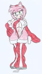 amy_rose big_breasts big_butt big_hips furry green_eyes hand_on_hip hedgehog_girl high_heel_boots long_boots long_gloves looking_at_viewer marlon64 pink_body pink_fur pink_hair sling_bikini slingshot_bikini smiling_at_viewer sonic_(series) traditional_drawing_(artwork) white_background