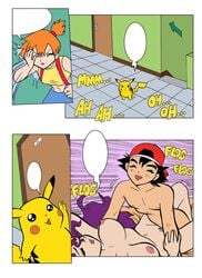 comic facepalm female hi_res human human_only kasumi_(pokemon) male missionary_position nintendo orange_hair pikachu pokemon purple_hair satoshi_(pokemon) sex straight tagme what