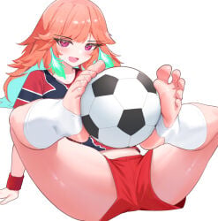 1girls barefoot clothed clothed_female crotch_view earrings feather_earrings feet feet_up female foot_fetish foot_focus hands_on_floor holding_object holding_object_with_feet hololive hololive_english hololive_myth legs_apart legs_apart_feet_together legs_up light-skinned_female light_skinned long_hair looking_at_viewer orange_hair phoenix pompmaker1 purple_eyes shirt shorts simple_background smiling soccer soccer_ball soccer_uniform soles solo solo_focus spread_legs stirrup_legwear stirrup_socks takanashi_kiara thighs toenails virtual_youtuber white_background