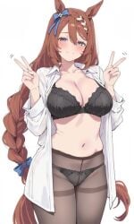 2d ai_generated animal_ears big_breasts double_v female female_only horse_girl kawaiiroom_01 lingerie long_hair looking_at_viewer red_hair super_creek_(umamusume) umamusume umamusume_pretty_derby v_sign