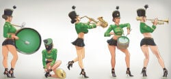 5girls band bass_drum cymbals destination_calabria drum female female_only heels high_heels koboldmaki marching_band marching_band_uniform miniskirt music musical_instrument panties playing_music saxophone skirt snare_drum stiletto_heels tied_hair trumpet uniform waist
