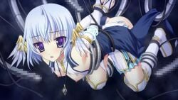 1girl :o ahoge arms_up blue_eyes blue_hair boots bound bound_arms bound_legs breasts breasts_out censored clothes_pull dress floating game_asset grabbed_by_tentacles hair_ornament imminent_tentacle_sex jewelry kimishima_ao knee_boots looking_at_viewer mosaic_censoring necklace non-web_source novem_(shion_no_ketsuzoku) official_art open_mouth pendant penis_tentacle shion_no_ketsuzoku short_hair sleeveless sleeveless_dress small_breasts spread_legs tentacle_pit tentacles tentacles_under_clothes torn_clothes white_boots white_dress wing_hair_ornament