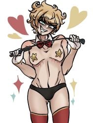 1boy blonde blonde-haired_male blonde_hair blue_eyes bow_tie bowtie cuntboy danganronpa_antebellum danganronpa_antebellum_lockdown drool fanganronpa gloves heart-shaped_pupils hearts_around_body hearts_around_head male male_only only_male panties pasties solo solo_male taka_takahiro tie top_surgery_scars trans_man_(lore) transman transmasc whip
