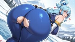 1girl ai_generated aqua_(konosuba) ass ass_focus bare_shoulders bent_over blue_eyes blue_hair blush boobs breasts cameltoe covered_nipples detached_sleeves from_behind hair_ornament hair_rings heart huge_ass huge_breasts juswa large_ass large_breasts long_hair looking_at_viewer looking_back naughty_face outdoors patreon_username questionable skirt smile snow solo thicc thick_thighs thighs torn_clothes