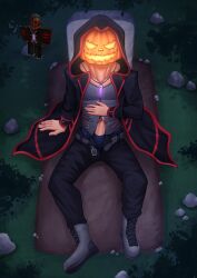 cloak clothing erection graveyard looking_at_viewer outdoors precum pumpkin pumpkin_head roblox roblox_avatar solo solo_male underwear
