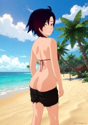 1girls ass ass_focus beach bikini bikini_top black_hair black_hair_female half-dressed half_naked half_naked_female looking_back lowering_pants necromalock ocean red_highlights ruby_rose rwby silver_eyes solo_female
