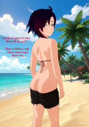 1girls beach bikini bikini_top black_hair black_hair_female dialogue half-dressed half_naked half_naked_female necromalock ocean red_highlights ruby_rose rwby silver_eyes solo_female