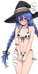 1girl animal_print bikini black_hat blue_eyes blue_hair blush braid breasts commentary_request cow_print cow_print_bikini elf_(stroll_in_the_woods) english_text hair_between_eyes hat highres looking_at_viewer mushoku_tensei navel print_bikini pussy_juice roxy_migurdia simple_background small_breasts solo speech_bubble standing swimsuit twin_braids white_background witch_hat