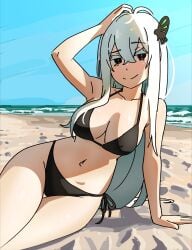 1girls bikini black_bikini black_eyes echidna_(re:zero) female female_focus female_only hourglass_figure looking_at_viewer looking_back mayngomay peak re:zero_kara_hajimeru_isekai_seikatsu white_hair