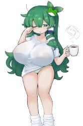 1female 1females 1girl 1girls alice_grimm big_breasts blush blush_lines blushing busty busty_female busty_girl coffee coffee_cup coffee_mug frog_hair_ornament girl green_eyes green_hair green_panties hair_between_eyes hair_ornament hair_tubes holding holding_coffee_mug holding_mug holding_object huge_breasts kochiya_sanae light-skin light-skinned light-skinned_female light_skin light_skinned light_skinned_female long_hair looking_at_breasts nipples_visible_through_clothing one_eye_closed one_eye_half-closed one_eye_open panties panties_visible_through_clothing sanae_kochiya snake_hair_ornament socks solo solo_female solo_girl thick_thighs thighs touhou touhou_project transparent_clothing voluptuous voluptuous_female voluptuous_girl white_background white_shirt yawn yawning