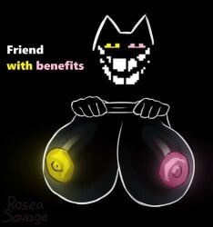 black_body black_fur breasts_bigger_than_head cat_ears dark_background deltarune different_colored_eyes different_eye_color feline friend_(deltarune) heterochromia laughing looking_at_viewer no_sound pink_eye roseasavage shirt_lift tagme text undertale_(series) video yellow_eye