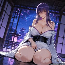 1girl ai_assisted ai_generated bangs bare_shoulders blush breasts busujima_saeko cleavage closed_mouth collarbone curvaceous curvy curvy_female curvy_figure eyebrows_visible_through_hair female highschool_of_the_dead huge_breasts japanese_clothes kimono large_breasts long_hair looking_at_viewer miyuai moon night obi off_shoulder purple_eyes purple_hair sash seiza shouji sidelocks sitting sky sliding_doors solo tatami thick thick_ass thick_butt thick_hips thick_legs thick_thighs thighs voluptuous voluptuous_female wide_hips wide_sleeves wide_thighs