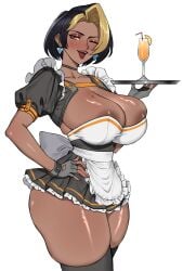 1girls apron big_breasts black_choker black_gloves black_hair blonde_hair breasts choclo_draws choker cleavage dark_skin domina earrings frills gloves huge_breasts jewelry looking_at_viewer maid multicolored_hair one_eye_closed open_mouth overwatch overwatch_2 puffy_short_sleeves puffy_sleeves shiny shiny_skin short_hair short_sleeves smile solo thighhighs white_background wrist_cuffs
