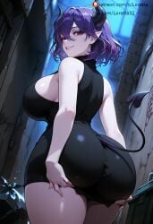 1girl ai_generated alley ass ass_focus back_alley big_ass big_breasts curvy demon_girl demon_horns demon_tail dress hands_on_ass kinsou_no_vermeil loratta night purple_hair red_eyes short_dress short_hair standing tagme thick_thighs turtleneck vermeil_(kinsou_no_vermeil) wide_hips