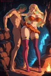 1boy ai_generated armlet barefoot blonde_hair bracelet breasts choker dark_skin earrings goa_minagawa hi_res high_quality high_resolution hoop_earrings jewelry kiraamane kizetsu_yuusha_to_ansatsu_hime long_hair multiple_girls navel orange_eyes patreon pointy_ears seductive sexy skirt standing thighhighs uncensored watermark