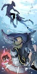 1boy 1girl absurdres air_bubble bar_censor blonde_hair bubble censored commentary commission cross-section cum fish_boy flippers furry furry_male furry_with_non-furry hammerhead_shark hetero highres internal_cumshot interspecies kotake_standard multiple_views original oxygen_mask oxygen_tank penis pixiv_commission sex short_hair teratophilia underwater underwater_sex