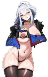 1girls ahoge bangs black_legwear black_panties blue_jacket blush breasts choclo_draws eyebrows_visible_through_hair fur_trim galbrena_(wuthering_waves) gloves grin hair_between_eyes heart highleg jacket large_breasts long_hair long_sleeves looking_at_viewer navel open_clothes open_jacket panties purple_eyes silver_hair smile solo thighhighs thighs underwear wuthering_waves