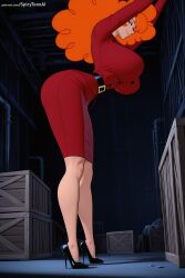1girl ai_generated ass belt black_footwear breasts full_body hi_res high_heels high_quality high_resolution huge_breasts large_breasts orange_hair patreon powerpuff_girls sara_bellum seductive sexy solo spicytoonai standing uncensored watermark