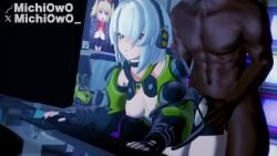 1boy 1girls 3d anby_demara areolae breasts chiyo1000nights dark-skinned_male dark_skin headphones hoyoverse indoors light-skinned_female light_skin michiowo mihoyo moaning monitor multitasking nipples opennsfwsp pointyaux room sex sound tagme video voice_acted white_hair yellow_eyes zenless_zone_zero