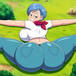 1girls ai_generated ass big_ass big_butt blue-eyed_female blue-haired_female blue_eyes blue_eyes_female bubble_ass bubble_butt bulma_briefs butt clothed clothed_female dat_ass dat_butt dragon_ball dragon_ball_super eyes_open female female_focus female_only jeans light-skinned_female light_skin looking_back mature mature_female milf milf_body novelai open_eyes outdoors outside short_blue_hair short_hair smug smug_expression smug_face smug_smile splits teeth teeth_showing teeth_visible white_shirt