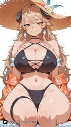 1girl ai_generated animal_ears arknights arknights:_endfield arm_strap artist_name bangs bare_shoulders bead_necklace beads bikini black_bikini black_choker breasts brown_eyes brown_hair choker cleavage closed_mouth covered_nipples earrings flower halterneck hat hat_flower horns jewelry large_breasts long_hair looking_at_viewer meteorite_(arknights) navel necklace off_shoulder orange_jacket patreon senpai_pixels sensitive simple_background sitting smile solo stomach swimsuit thick_thighs thigh_strap thighs white_background wide_hips