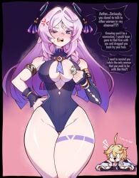 1boy 1girls aether_(genshin_impact) angry breasts censored citlali_(genshin_impact) english_text female genshin_impact itotsic large_breasts light-skinned_female light_skin male tattoo text thick_thighs thighs totsic wide_hips