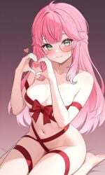 1girls 2d ai_generated aivy_lovencraft breasts female female_only fogine gift green_eyes hispanic_virtual_youtuber indie_virtual_youtuber latam_virtual_youtuber light-skinned_female light_skin looking_at_viewer monocle pink_hair pose smiling smiling_at_viewer thighs young younger_female
