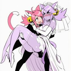 2girls ai_generated animate_inanimate bell blush blushing bowtie breasts bridal_carry carrying carrying_partner cat_ears cat_girl cat_tail catgirl cold_shrike curvy cute deltarune deltarune_chapter_5 doll dress duo fang feline feline_humanoid female female/female female_only gloves green_eyes hair_ornament happy irritable_ghost_(deltarune) living_doll mad_mew_mew marriage married married_couple mew_mew_(undertale) novelai pigtails pink_(deltarune) pink_hair purple_body purple_hair purple_skin ring self_upload selfcest simple_background smile suit sweat thick_eyebrows tsundere tuxedo wedding wedding_dress wedding_ring wedding_veil white_background wholesome yuri