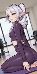 1girls ai_generated arched_back ass crop_top earrings elf feet female frieren frieren_beyond_journey's_end full_body green_eyes gym indoors kneeling long_hair long_sleeves looking_at_viewer midriff molamaxuy parted_lips perfect_body pointy_ears sexy side_view skinny small_breasts soles solo sousou_no_frieren tight_clothing toeless_legwear twintails wariza white_hair yoga_mat yoga_pants