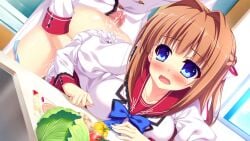 1boy 1girl after_sex arm_support bent_over blue_bow blue_bowtie blue_eyes blush bow bowtie braid brown_hair buttons clothes_lift collarbone cum cum_on_ass cum_on_body day food frills game_asset hair_bow hair_intakes half_up_braid hinata_nao hoshimi_yuki indoors jacket juliet_sleeves kitchen lapels long_hair long_sleeves miniskirt non-web_source nose_blush official_art open_mouth pants penis pleated_skirt puffy_sleeves red_sailor_collar red_skirt sailor_collar school_uniform sex sex_from_behind sink skirt skirt_lift sleeve_cuffs standing torso_grab vegetable white_jacket white_pants window yuuwaku_scramble
