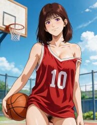1boy ai_generated basketball basketball_court basketball_uniform close-up embarrassed exhibitionism female female_only flashing flashing_pussy haruko_akagi naked_under_clothes no_bra no_panties outdoors outside panties_removed pubic_hair public public_exposure public_indecency public_nudity pussy slam_dunk smile smiling